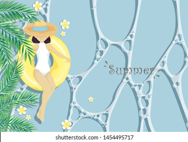 Woman in white swimming suit and hat sit on swimming ring float in water with coconut leaf and plumeria flower
background vector for decoration on summer vacation event.