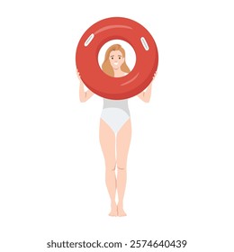 Woman in a white swimsuit is holding a red lifebuoy, framing her face. Flat vector illustration isolated on white background