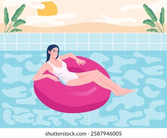 A woman in a white swimsuit relaxes on a pink inflatable ring in a swimming pool. The background features tropical plants, a sandy beach, and a bright sun. Summer vacation concept. Vector illustration