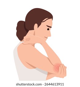 Woman in a white tank top holds her elbow in discomfort, pain or injury in the joint area. Flat vector illustration isolated on white background