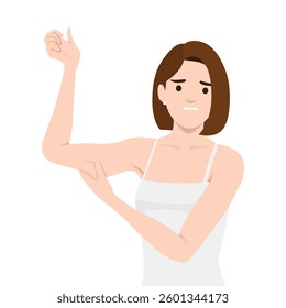 Woman in a white tank top looks at her upper arm with a worried expression, pinching the loose skin. Flat vector illustration isolated on white background