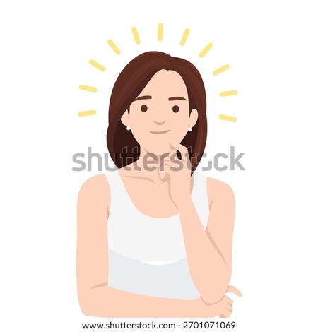 Woman in a white top poses thoughtfully with a calm expression, symbolizing ideas, creativity. Flat vector illustration isolated on white background