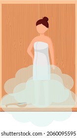 Woman in white towel rests on wooden bench at hot steam sauna. Relaxing and wellness in finnish, russian bath or spa center. Heat therapy, relaxation and health care. Bathing, wellness procedure