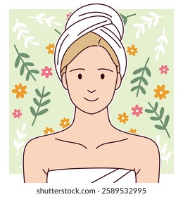 A woman with a white towel wrapped around her head, enjoying a relaxing spa moment with a peaceful expression and a floral background.