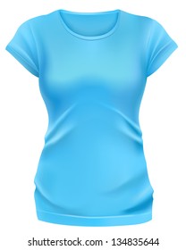 Woman white t-shirts, long cut. Design template. Blue hue.