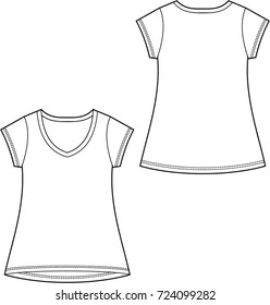 Woman in white V-neck T-shirt, front and back
