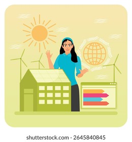 A woman who advocates renewable energy solutions, passive houses. Surrounded by solar panels, wind turbines and environmental icons. Sustainable energy concept.