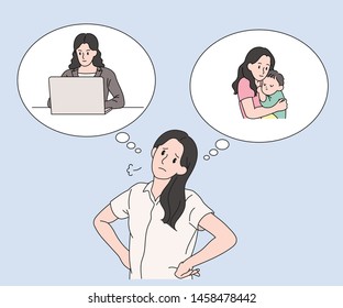 A woman who is agonizing between career and parenting. hand drawn style vector design illustrations.