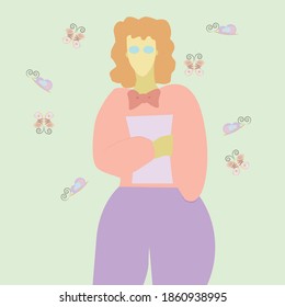 A woman who is apparently a bookworm surrounded by butterflies wherever she goes