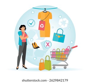 Uma mulher que está ciente da mentalidade do consumidor sobre compras sustentáveis que mostram roupas, bolsas e símbolos ecológicos. Conceito de redução de resíduos.