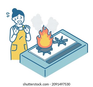 A woman who burns oil and panics