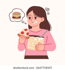 Uma mulher que não consegue controlar o apetite e come compulsivamente. Ilustração dos sintomas da TPM.