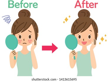 Woman who cares about acne looking at hand mirror