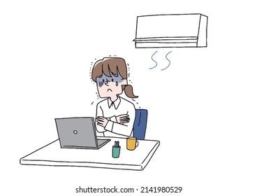 A Woman Who Is Too Cold At Work Because The Air Conditioner Is Too Effective. A Comical Handwritten Person. Vector, Line Drawing And Color.