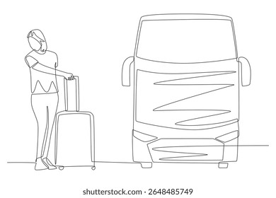A woman who continues his journey by transiting by bus. Travel in transit concept one-line drawing
