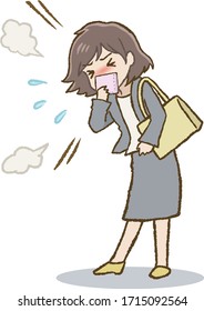 The woman who coughs during going out. The mouth is held by a handkerchief.