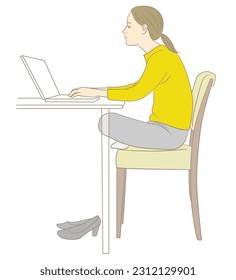 A woman who does desk work in stooped   cross  legged posture