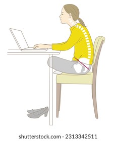 A woman who does desk work in a stooped and cross-legged posture