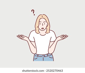 A woman who doesn't understand at all. thinks why. Woman with question mark.  Hand drawn style vector design illustrations.