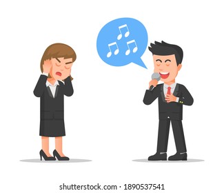 A woman who doesn't want to hear her friend sing