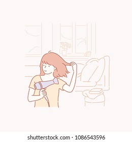 A woman who dries her hair with a dryer. hand drawn style vector doodle design illustrations.