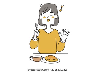 A woman who eats deliciously, a comical hand-drawn person illustration, a simple coloring on a vector line drawing