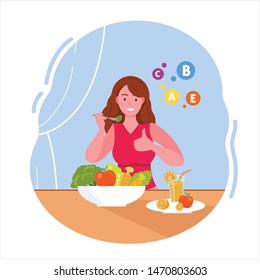 A woman who eats vitamin salad. Girl drinks juice and eats vegetables and fruits. Healthy eating