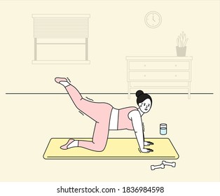 a woman who exercises alone at home for a diet illustration set. health, fitness, yoga, pilates. Vector drawing. Hand drawn style.