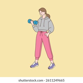 A woman who exercises with a dumbbell. Illustration vector with minimal design.