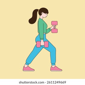 A woman who exercises with a dumbbell. Illustration vector with minimal design.
