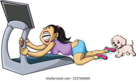 a woman who is exercising has her shoelaces bitten by a dog