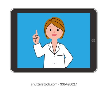 The woman who explains by a tablet