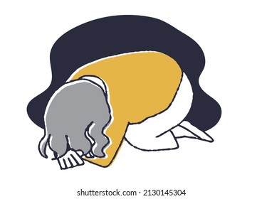 A woman who is extremely depressed, a comical handwritten person illustration, a simple coloring on a vector line drawing, and a white background.