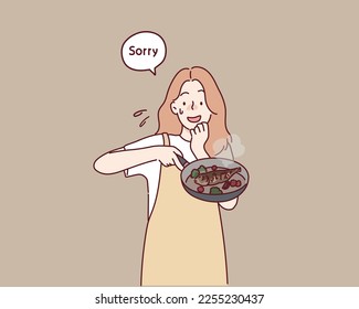 A woman who failed to cook. Hand drawn style vector design illustrations.