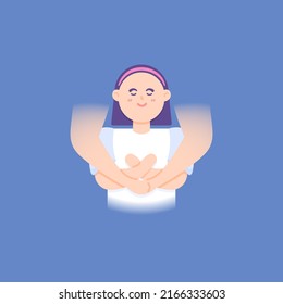 a woman who feels safe, comfortable, calm, peaceful, and happy when hugged. mental health. protection and affection. support system. humanity. cartoon character concept illustration. vector element