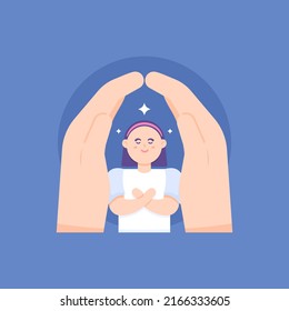 a woman who feels safe, comfortable, calm, peaceful, and happy. mental health. protection and affection. support system. insurance. humanity. cartoon character concept illustration. vector element