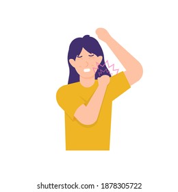 a woman who feels shoulder pain when she raises her arm. stretches muscles and joints. the expression of the sick and unhealthy. flat style. vector design elements.