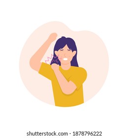 a woman who feels shoulder pain when she raises her arm. stretches muscles and joints. the expression of the sick and unhealthy. flat style. vector design elements.