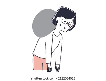 A woman who feels tired, a comical handwritten person illustration, a simple coloring on a vector line drawing, a white background