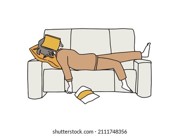 A woman who fell asleep on the sofa, a comical handwritten person, a vector, and simple coloring of line drawings.