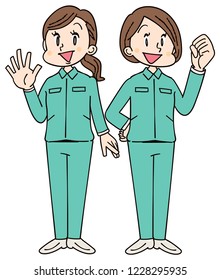 A woman who is fist pumping with one hand and a woman who spreads her hand. They are wearing working uniforms.