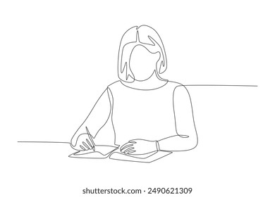 Woman who is focusing on doing her homework. Homework concept one-line drawing