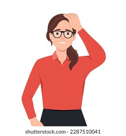 Woman who forgot something. Hold or tap her head. Flat vector illustration isolated on white background