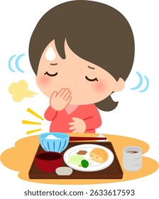 A woman who is full and in pain leaves her meal