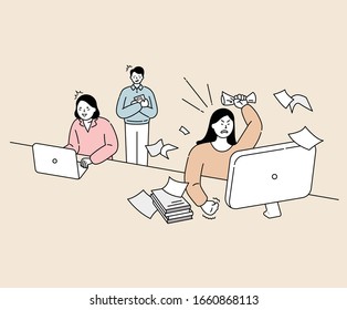 A woman who gets angry at her work and coworker, Character Design. Hand drawn style Vector design illustrations. 