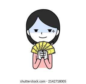 A woman who grins while holding money in a fan Income Side job Upper body