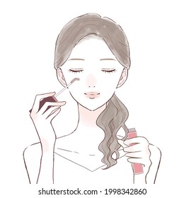 A woman who grows up by applying eyelash serum to her eyelashes. On a white background.