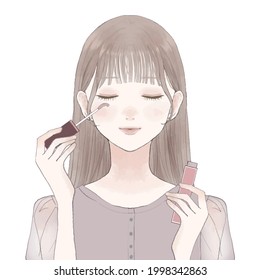 A woman who grows up by applying eyelash serum to her eyelashes. On a white background.