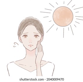 A woman who has been sunburned. On a white background.