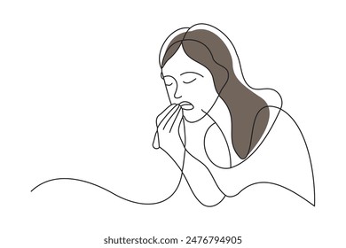 woman who has a cold and coughs, doodle continuous line art vector illustration